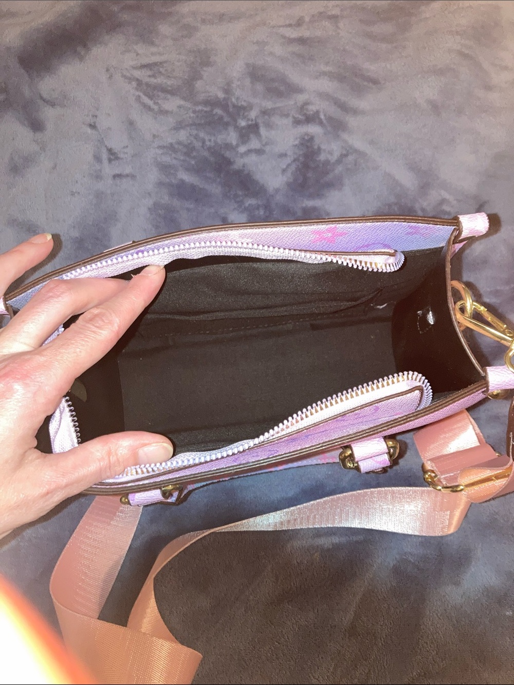 Designer-Inspired Lavender Floral Tote with Pink Strap - Picture 2 of 9